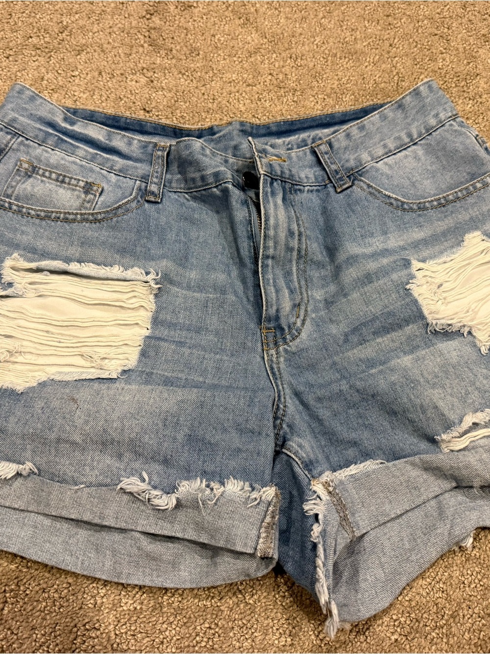 SHEIN Light Blue Ripped Denim Rolled-Hem Shorts